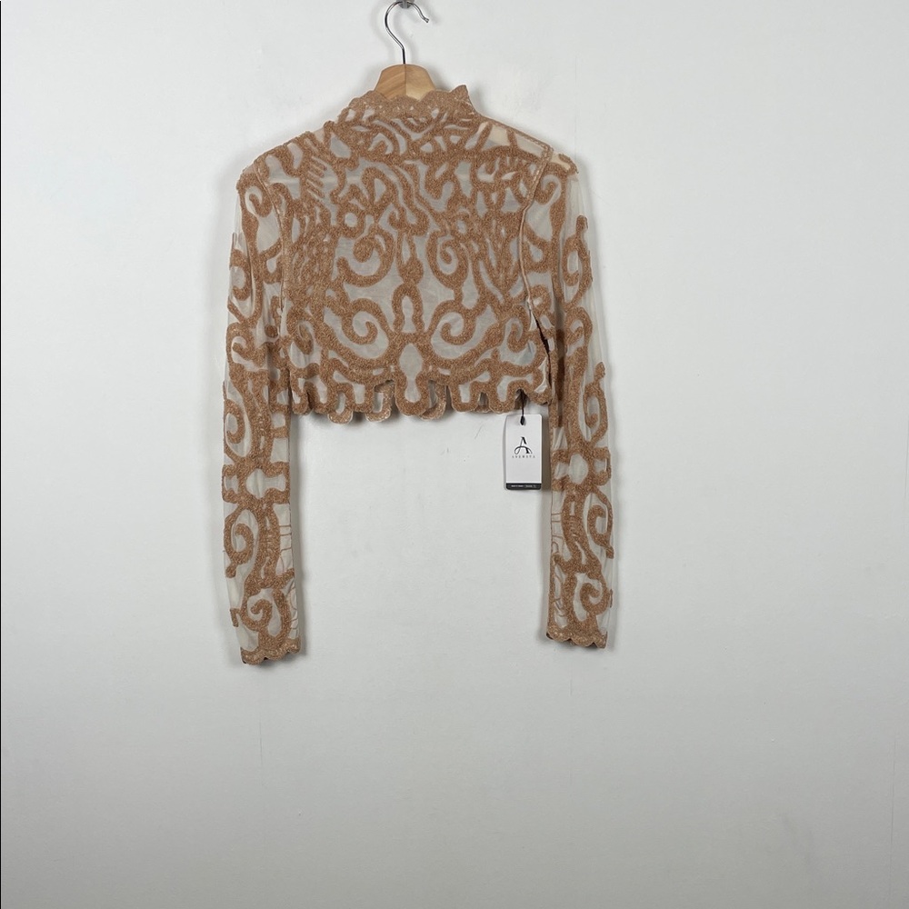 Anewsta Textured Elegant Beige Patterned Women's M Stretch Long Sleeve Crop Top
